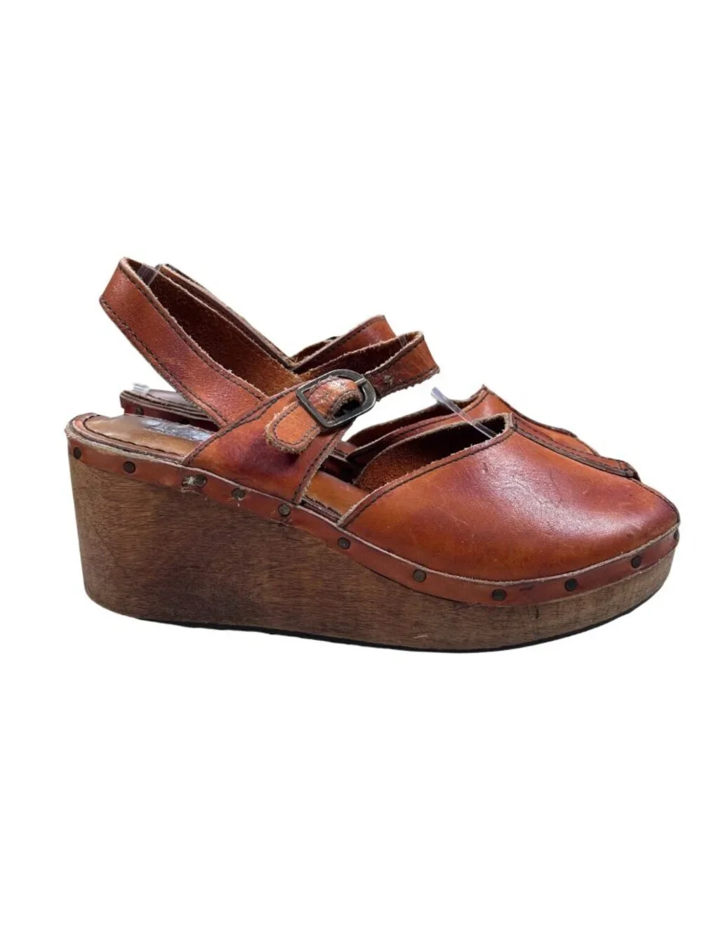 1970s Larks Brazil 9 Brown Leather Wedge Platform Clog Sandal Vtg